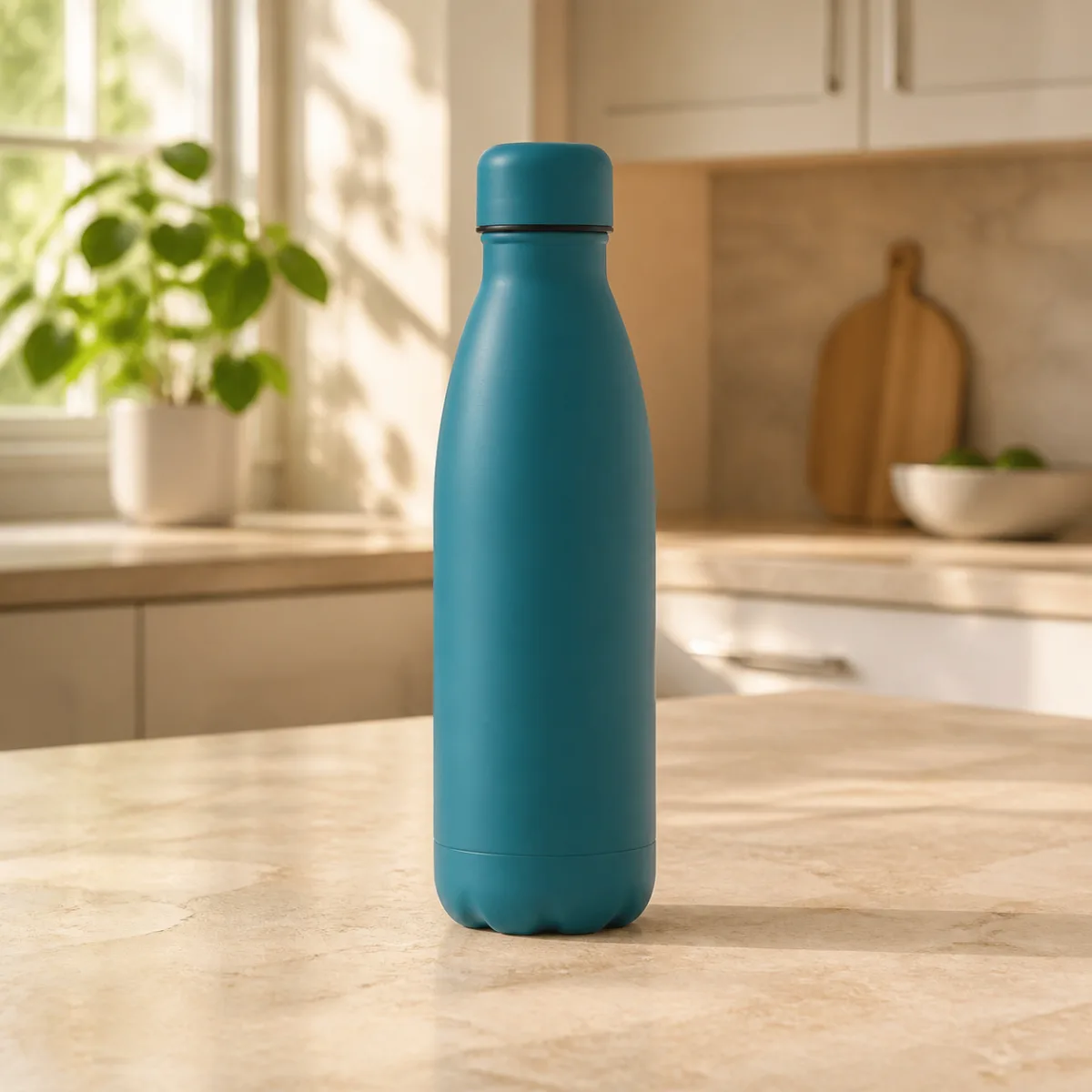 Teal bottle on a kitchen counter in warm window light